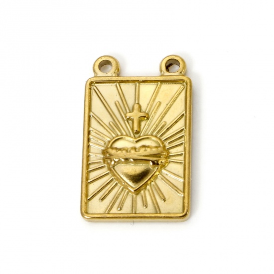 Image de 2 Pcs Breloques en 304 Acier Inoxydable Revêtement sous Vide PVD Respectueux de l'Environnement Religieux Rectangle Plaqué Or Véritable 18K Coeur de Ex-Voto 21mm x 13mm