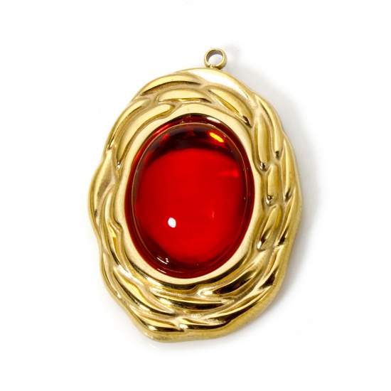 Picture of 1 Piece Eco-friendly PVD Vacuum Plating 304 Stainless Steel Charms 18K Real Gold Plated Red Oval With Resin Cabochons 3.1cm x 2.2cm