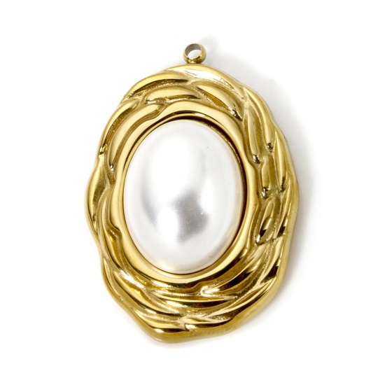 Picture of 1 Piece Eco-friendly PVD Vacuum Plating 304 Stainless Steel Charms 18K Real Gold Plated White Oval Acrylic Imitation Pearl 3.1cm x 2.2cm