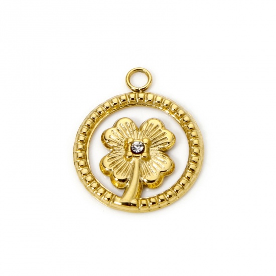 Picture of 1 Piece Eco-friendly PVD Vacuum Plating 304 Stainless Steel Flora Collection Charms 18K Real Gold Plated Four Leaf Clover Clear Rhinestone 17mm x 14mm