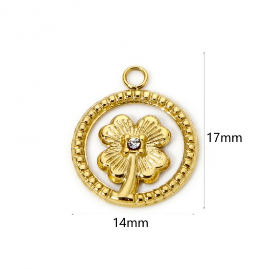 Picture of 1 Piece Eco-friendly PVD Vacuum Plating 304 Stainless Steel Flora Collection Charms 18K Real Gold Plated Four Leaf Clover Clear Rhinestone 17mm x 14mm