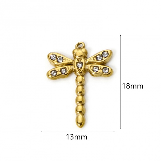 Picture of 1 Piece Eco-friendly PVD Vacuum Plating 304 Stainless Steel Insect Charms 18K Real Gold Plated Dragonfly Animal Clear Rhinestone 18mm x 13mm