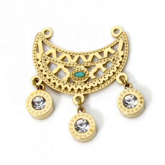 Picture of 1 Piece Eco-friendly PVD Vacuum Plating 304 Stainless Steel Connectors Charms Pendants 18K Real Gold Plated Half Moon Clear Rhinestone 27mm x 22mm