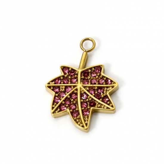Picture of 1 Piece Eco-friendly PVD Vacuum Plating 304 Stainless Steel Flora Collection Charms 18K Real Gold Plated Maple Leaf Pink Rhinestone 19mm x 14mm