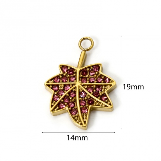 Picture of 1 Piece Eco-friendly PVD Vacuum Plating 304 Stainless Steel Flora Collection Charms 18K Real Gold Plated Maple Leaf Pink Rhinestone 19mm x 14mm