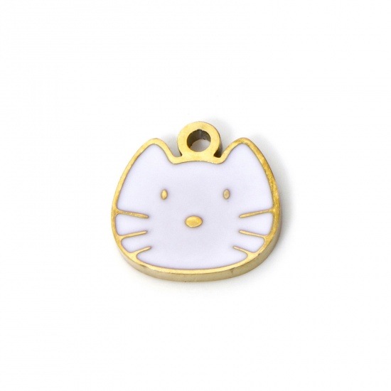 Bild von 2 Stück Umweltfreundliche PVD-Vakuumbeschichtung 304 Edelstahl Charms Katze 18K Echtgold plattiert Weiß Emaille 10mm x 10mm