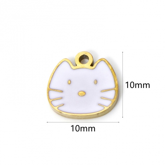 Bild von 2 Stück Umweltfreundliche PVD-Vakuumbeschichtung 304 Edelstahl Charms Katze 18K Echtgold plattiert Weiß Emaille 10mm x 10mm