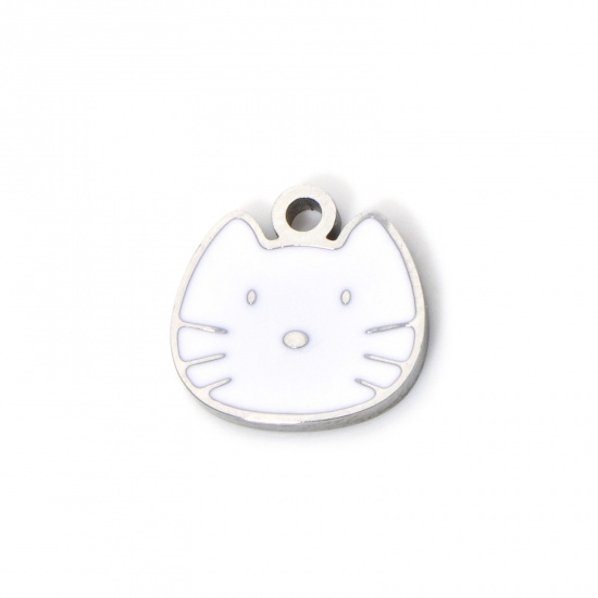 Bild von 2 Stück Umweltfreundliche PVD-Vakuumbeschichtung 304 Edelstahl Charms Katze Silberfarbe Weiß Emaille 10mm x 10mm
