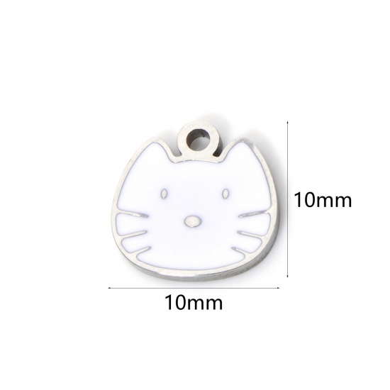 Bild von 2 Stück Umweltfreundliche PVD-Vakuumbeschichtung 304 Edelstahl Charms Katze Silberfarbe Weiß Emaille 10mm x 10mm