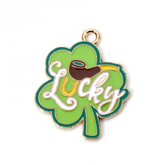 Picture of 10 PCs Zinc Based Alloy St Patrick's Day Charms Gold Plated Light Green Leaf Clover Shamrock Message " Lucky " Enamel 26mm x 21mm