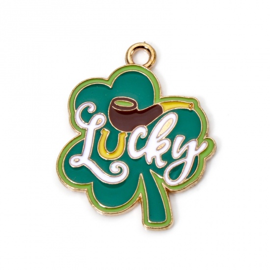 Picture of 10 PCs Zinc Based Alloy St Patrick's Day Charms Gold Plated Dark Green Leaf Clover Shamrock Message " Lucky " Enamel 26mm x 21mm