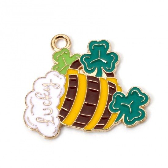 Picture of 10 PCs Zinc Based Alloy St Patrick's Day Charms Gold Plated Multicolor Beer Barrel Leaf Clover Shamrock Message " Lucky " Enamel 26mm x 22mm