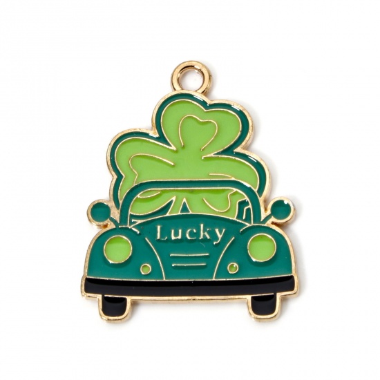 Picture of 10 PCs Zinc Based Alloy St Patrick's Day Charms Gold Plated Green Car Leaf Clover Shamrock Message " Lucky " Enamel 27mm x 22mm