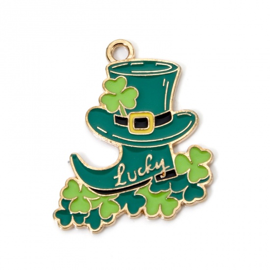 Picture of 10 PCs Zinc Based Alloy St Patrick's Day Charms Gold Plated Green Boots Leaf Clover Shamrock Enamel 28mm x 24mm