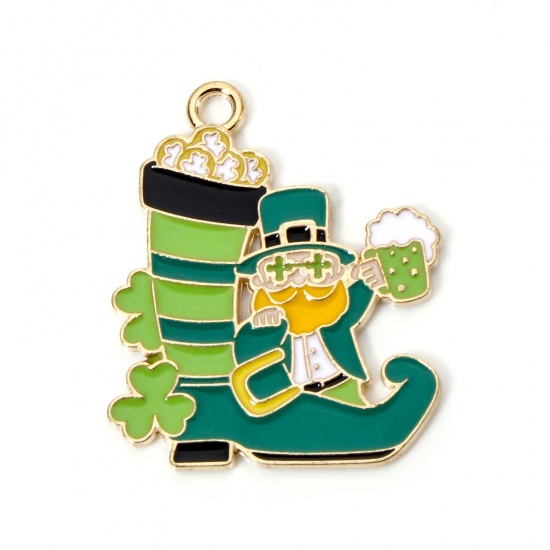 Picture of 10 PCs Zinc Based Alloy St Patrick's Day Charms Gold Plated Green Boots Pixie Elf Enamel 28mm x 23mm