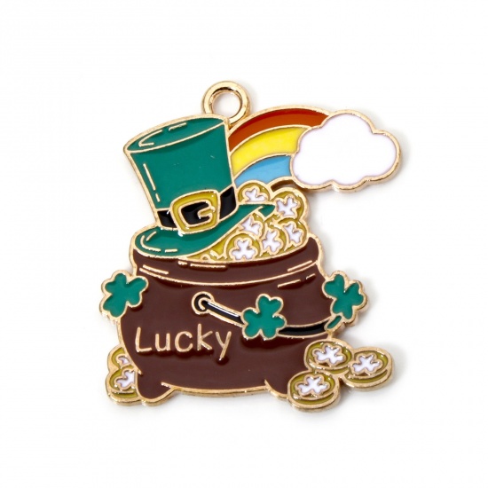 Picture of 10 PCs Zinc Based Alloy St Patrick's Day Charms Gold Plated Multicolor Hat Rainbow Message " Lucky " Enamel 28mm x 25mm