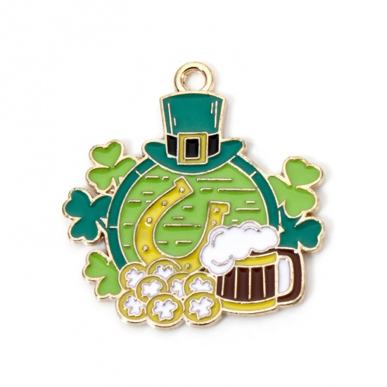 Picture of 10 PCs Zinc Based Alloy St Patrick's Day Charms Gold Plated Green Hat Horseshoe Enamel 28.5mm x 27mm