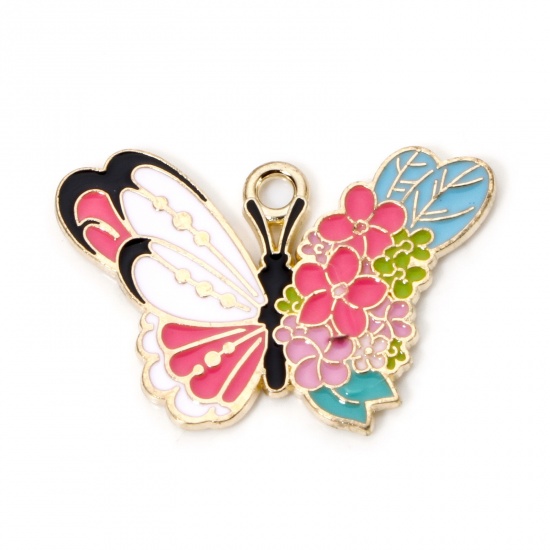 Picture of 10 PCs Zinc Based Alloy Charms Gold Plated Multicolor Butterfly Animal Flower Enamel 28mm x 19mm