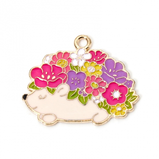 Picture of 10 PCs Zinc Based Alloy Charms Gold Plated Multicolor Hedgehog Flower Enamel 28mm x 23mm