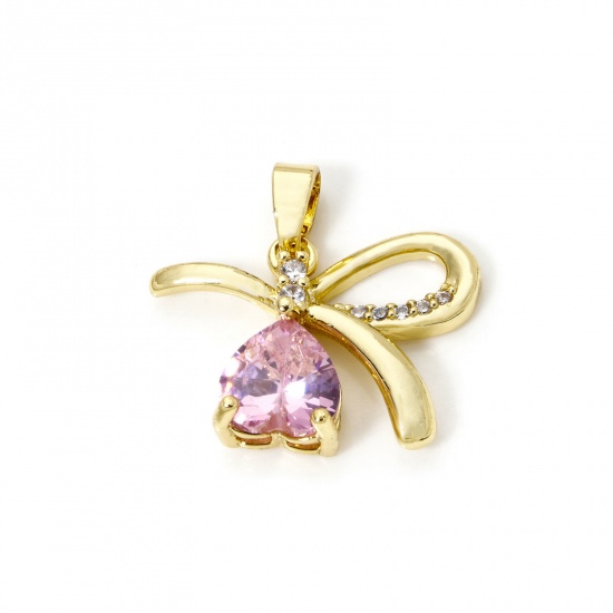 Picture of 2 PCs Brass Valentine's Day Charm Pendant 18K Gold Plated Bowknot Heart Pink Cubic Zirconia 20mm x 20mm