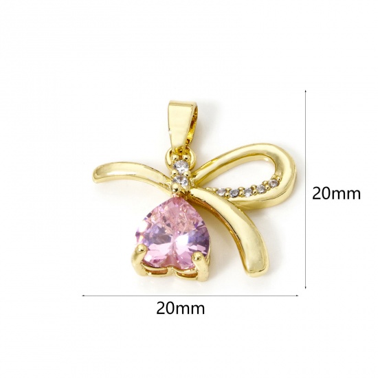 Picture of 2 PCs Brass Valentine's Day Charm Pendant 18K Gold Plated Bowknot Heart Pink Cubic Zirconia 20mm x 20mm