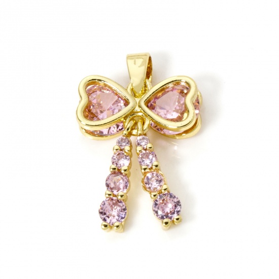 Picture of 2 PCs Brass Valentine's Day Charm Pendant 18K Gold Plated Bowknot Pink Cubic Zirconia 21mm x 13mm