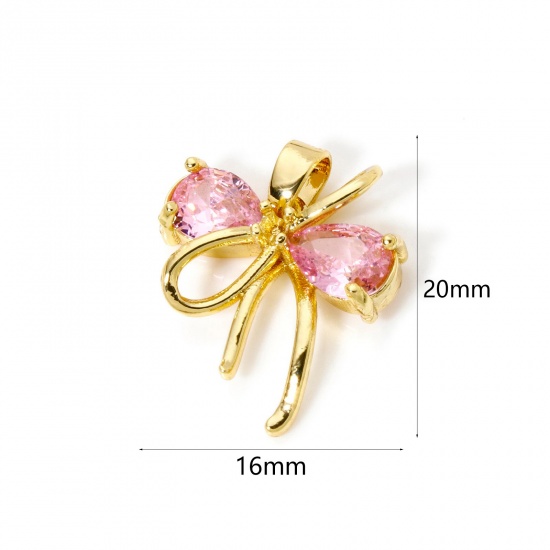 Picture of 2 PCs Brass Valentine's Day 18K Gold Plated Bowknot Pink Cubic Zirconia 20mm x 16mm