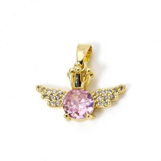 Picture of 2 PCs Brass Valentine's Day Charm Pendant 18K Gold Plated Wing Pink Cubic Zirconia 18mm x 16mm