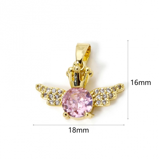 Picture of 2 PCs Brass Valentine's Day Charm Pendant 18K Gold Plated Wing Pink Cubic Zirconia 18mm x 16mm