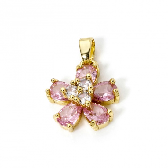 Picture of 2 PCs Brass Valentine's Day Charm Pendant 18K Gold Plated Flower Pink Cubic Zirconia 20mm x 14mm