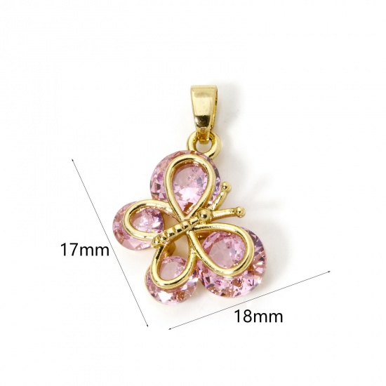 Picture of 2 PCs Brass Valentine's Day Charm Pendant 18K Gold Plated Butterfly Animal Pink Cubic Zirconia 18mm x 17mm