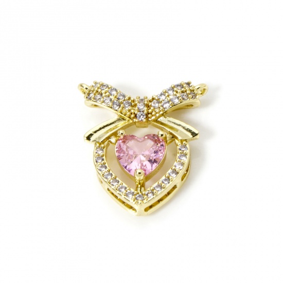 Picture of 2 PCs Brass Valentine's Day Charm Pendant 18K Gold Plated Heart Micro Pave Pink Cubic Zirconia 17mm x 16.5mm