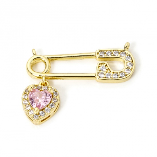 Picture of 2 PCs Brass Valentine's Day Connectors Charms Pendants 18K Gold Plated Pin Heart Micro Pave Pink Cubic Zirconia 24.5mm x 19mm