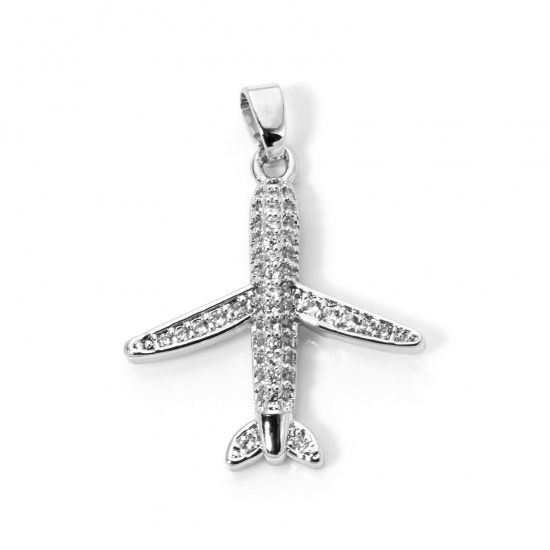 Picture of 2 PCs Brass Transport Charm Pendant Platinum Plated Airplane Micro Pave Clear Cubic Zirconia 29mm x 21mm