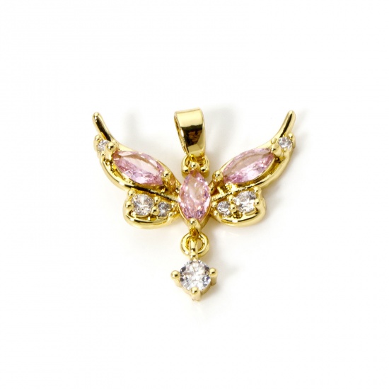 Picture of 2 PCs Brass Charm Pendant 18K Gold Plated Butterfly Animal Clear Cubic Zirconia 20mm x 20mm