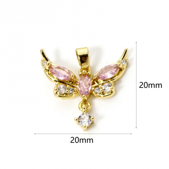 Picture of 2 PCs Brass Charm Pendant 18K Gold Plated Butterfly Animal Clear Cubic Zirconia 20mm x 20mm