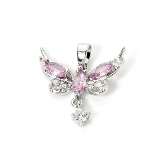 Picture of 2 PCs Brass Charm Pendant Platinum Plated Butterfly Animal Clear Cubic Zirconia 20mm x 20mm