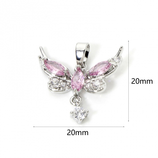 Picture of 2 PCs Brass Charm Pendant Platinum Plated Butterfly Animal Clear Cubic Zirconia 20mm x 20mm