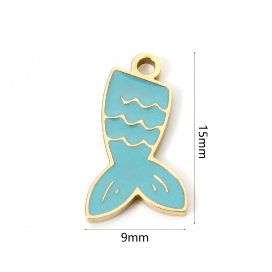 Picture of 1 Piece Eco-friendly PVD Vacuum Plating 304 Stainless Steel Charms 18K Gold Plated Blue Fishtail Enamel 15mm x 9mm