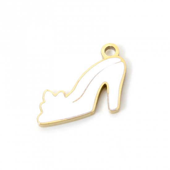 Picture of 1 Piece Eco-friendly PVD Vacuum Plating 304 Stainless Steel Charms 18K Gold Plated White High-heeled Shoes Enamel 14mm x 10.5mm