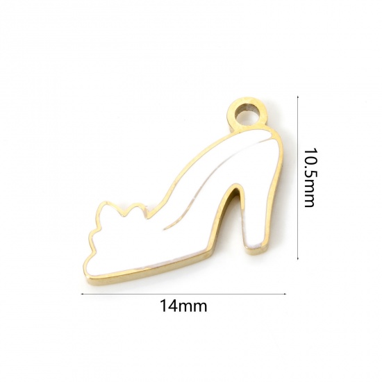 Picture of 1 Piece Eco-friendly PVD Vacuum Plating 304 Stainless Steel Charms 18K Gold Plated White High-heeled Shoes Enamel 14mm x 10.5mm