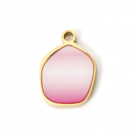 Picture of 1 Piece Eco-friendly PVD Vacuum Plating 304 Stainless Steel Charms 18K Gold Plated Pink Pentagon Enamel 14mm x 10.5mm