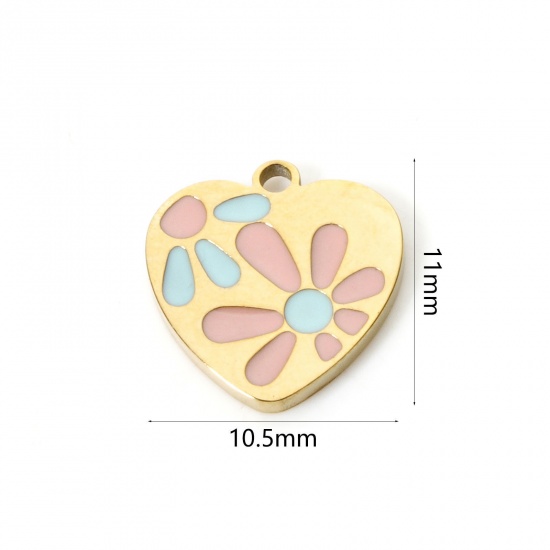 Picture of 1 Piece Eco-friendly PVD Vacuum Plating 304 Stainless Steel Charms 18K Gold Plated Heart Flower Enamel 11mm x 10.5mm