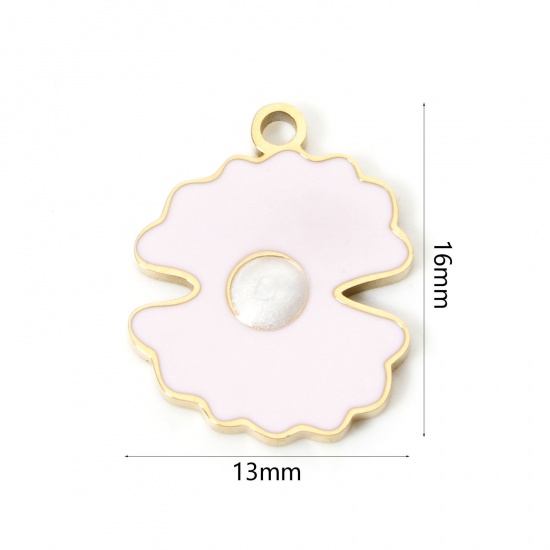 Picture of 1 Piece Eco-friendly PVD Vacuum Plating 304 Stainless Steel Charms 18K Gold Plated White Shell Enamel 16mm x 13mm