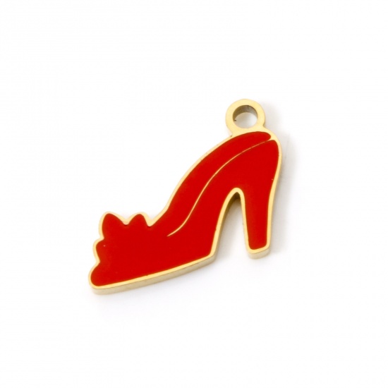 Picture of 1 Piece Eco-friendly PVD Vacuum Plating 304 Stainless Steel Charms 18K Gold Plated Red High-heeled Shoes Enamel 14mm x 10.5mm