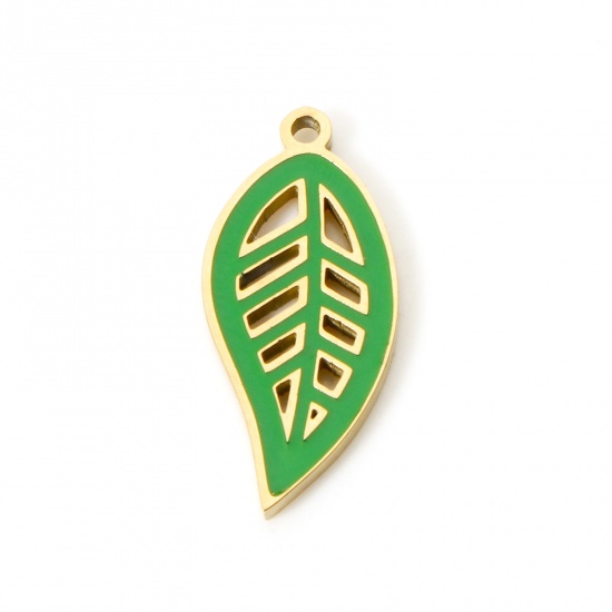 Picture of 1 Piece Eco-friendly PVD Vacuum Plating 304 Stainless Steel Charms 18K Gold Plated Green Leaf Enamel 17mm x 8mm