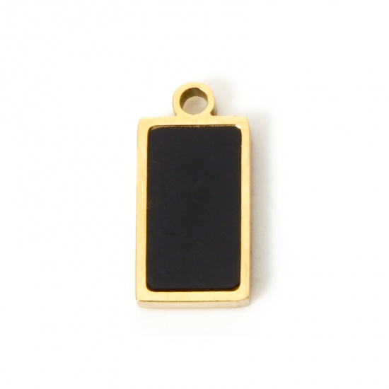 Picture of 1 Piece Vacuum Plating 304 Stainless Steel & Natural Shell Charms 18K Gold Plated Black Rectangle 12mm x 6mm