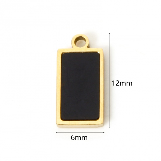 Picture of 1 Piece Vacuum Plating 304 Stainless Steel & Natural Shell Charms 18K Gold Plated Black Rectangle 12mm x 6mm