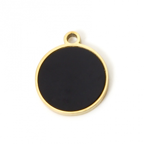 Picture of 1 Piece Vacuum Plating 304 Stainless Steel & Natural Shell Charms 18K Gold Plated Black Round 14mm x 12mm