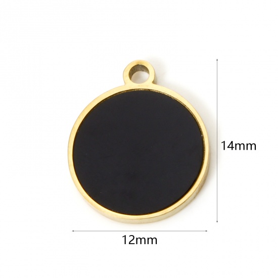 Picture of 1 Piece Vacuum Plating 304 Stainless Steel & Natural Shell Charms 18K Gold Plated Black Round 14mm x 12mm